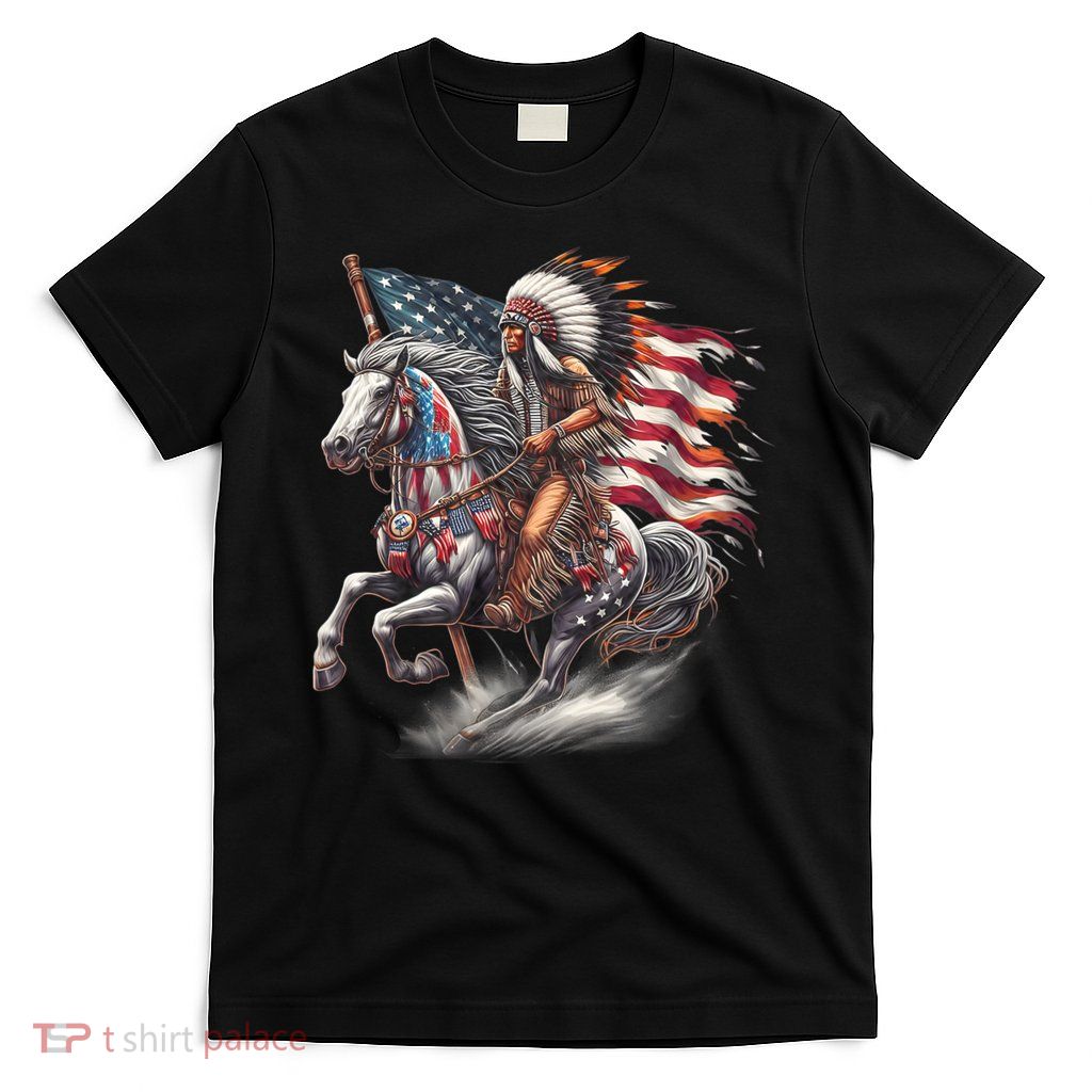 Indigenous Peoples Day 4th Of July Native American Day Flag Indian Riding Horse T-Shirt