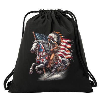 Indigenous Peoples Day 4th Of July Native American Day Flag Indian Riding Horse Drawstring Bag