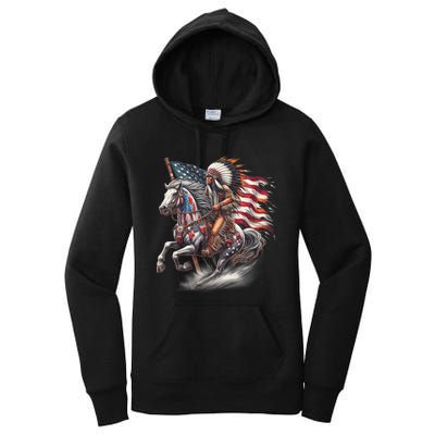 Indigenous Peoples Day 4th Of July Native American Day Flag Indian Riding Horse Women's Pullover Hoodie