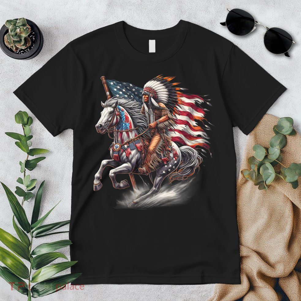 Indigenous Peoples Day 4th Of July Native American Day Flag Indian Riding Horse Premium T-Shirt