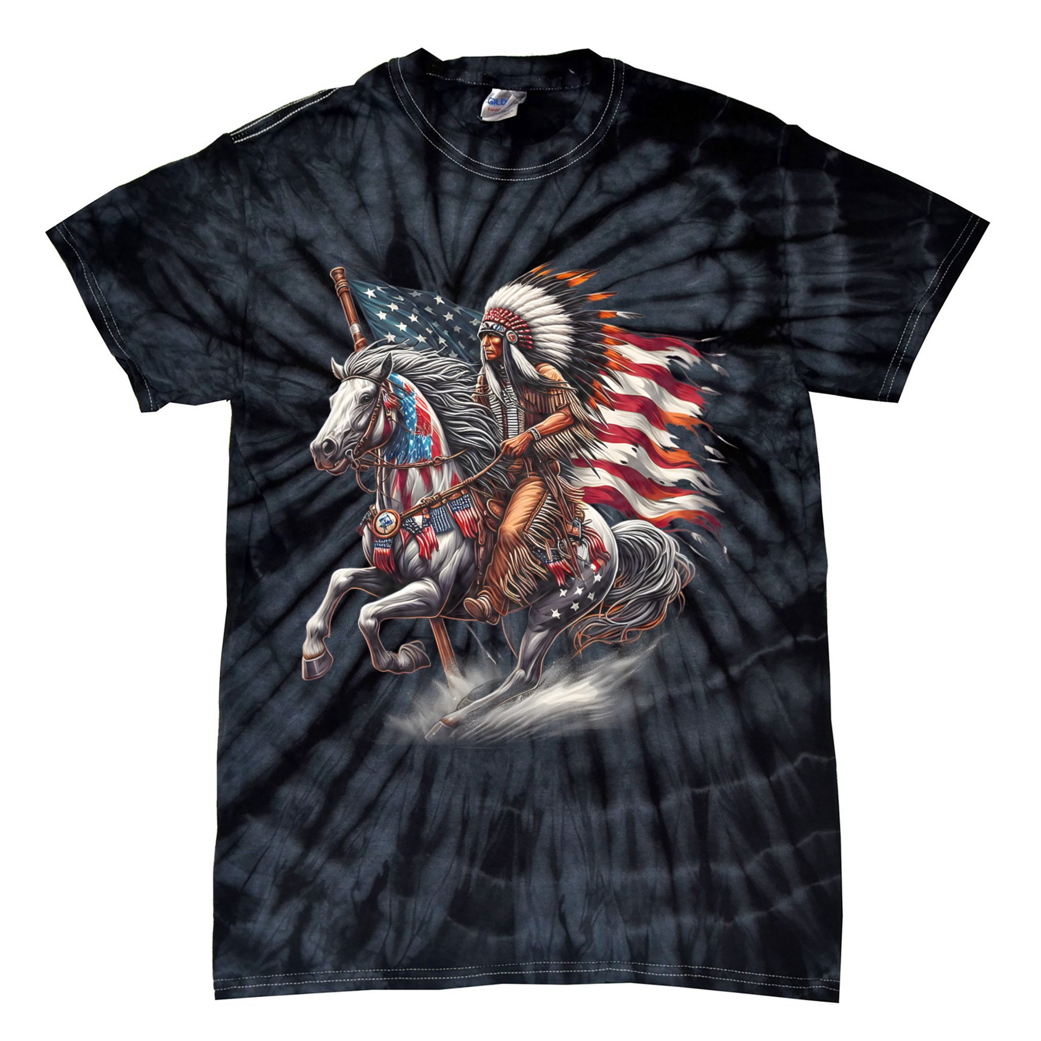 Indigenous Peoples Day 4th Of July Native American Day Flag Indian Riding Horse Tie-Dye T-Shirt