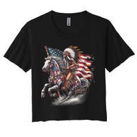 Indigenous Peoples Day 4th Of July Native American Day Flag Indian Riding Horse Women's Crop Top Tee