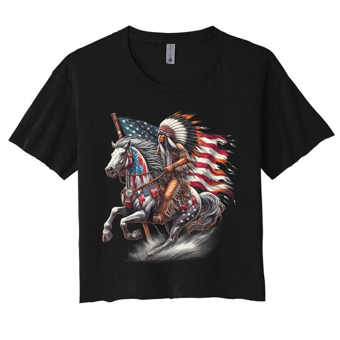 Indigenous Peoples Day 4th Of July Native American Day Flag Indian Riding Horse Women's Crop Top Tee