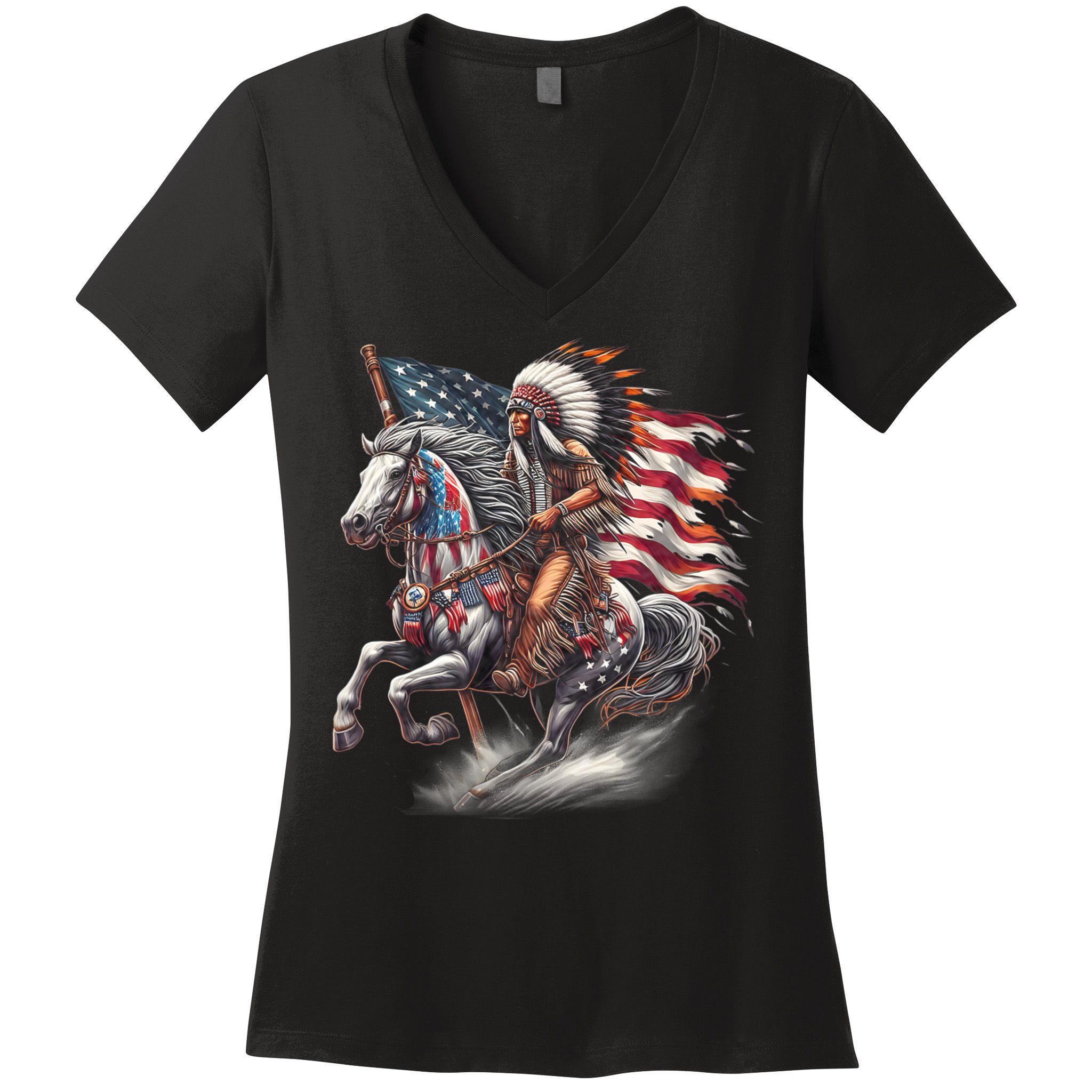 Indigenous Peoples Day 4th Of July Native American Day Flag Indian Riding Horse Women's V-Neck T-Shirt