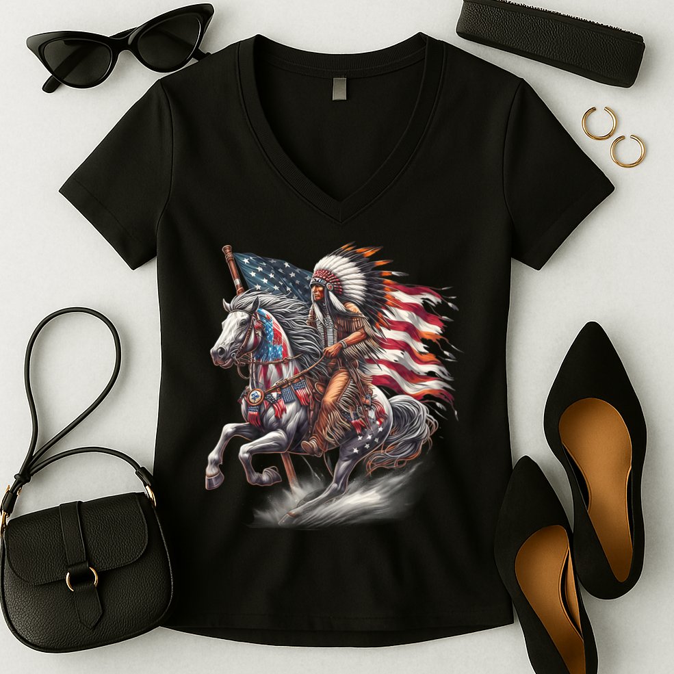 Indigenous Peoples Day 4th Of July Native American Day Flag Indian Riding Horse Women's V-Neck T-Shirt