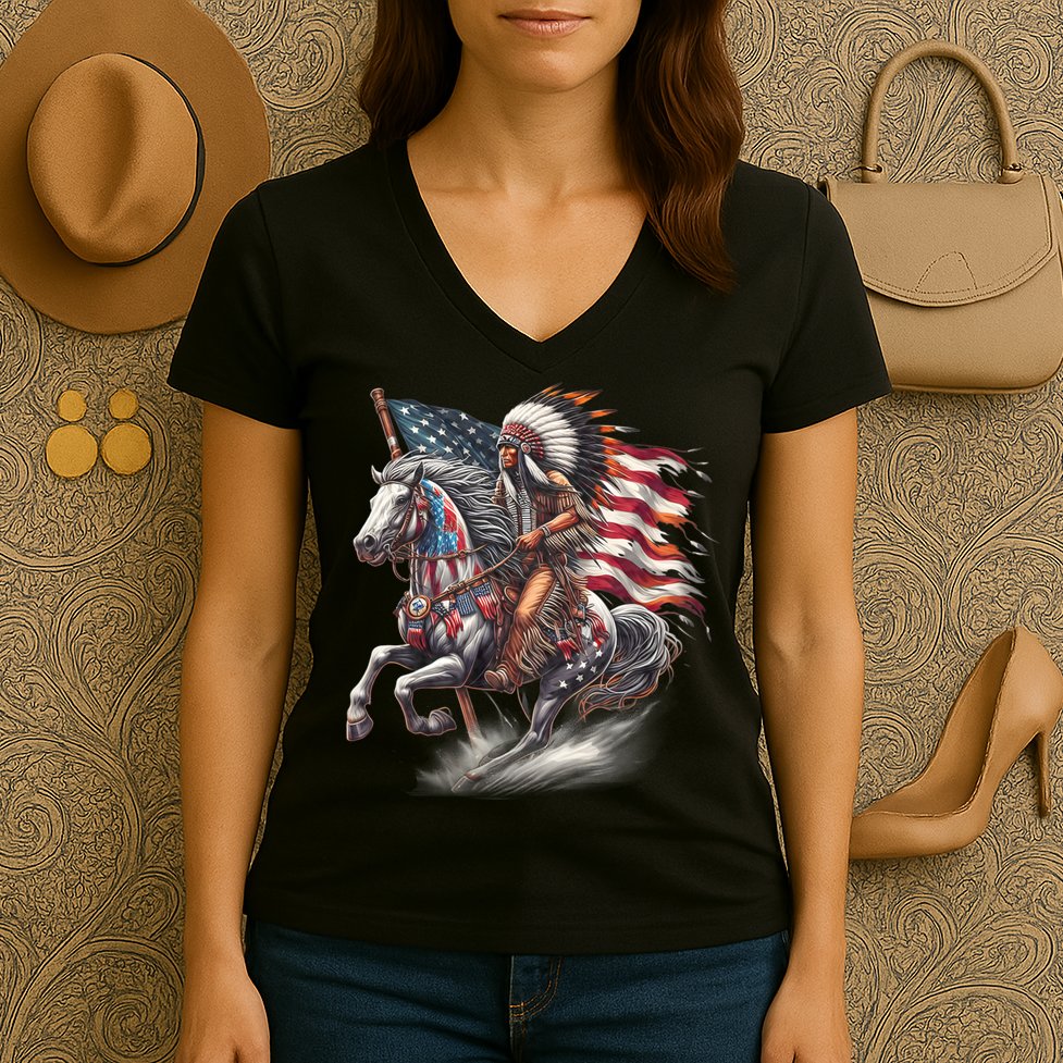 Indigenous Peoples Day 4th Of July Native American Day Flag Indian Riding Horse Women's V-Neck T-Shirt