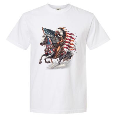 Indigenous Peoples Day 4th Of July Native American Day Flag Indian Riding Horse Garment-Dyed Heavyweight T-Shirt