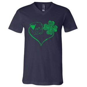 Irish Pug Face Shamrock Clover St Patricks Day Dog Owner V-Neck T-Shirt