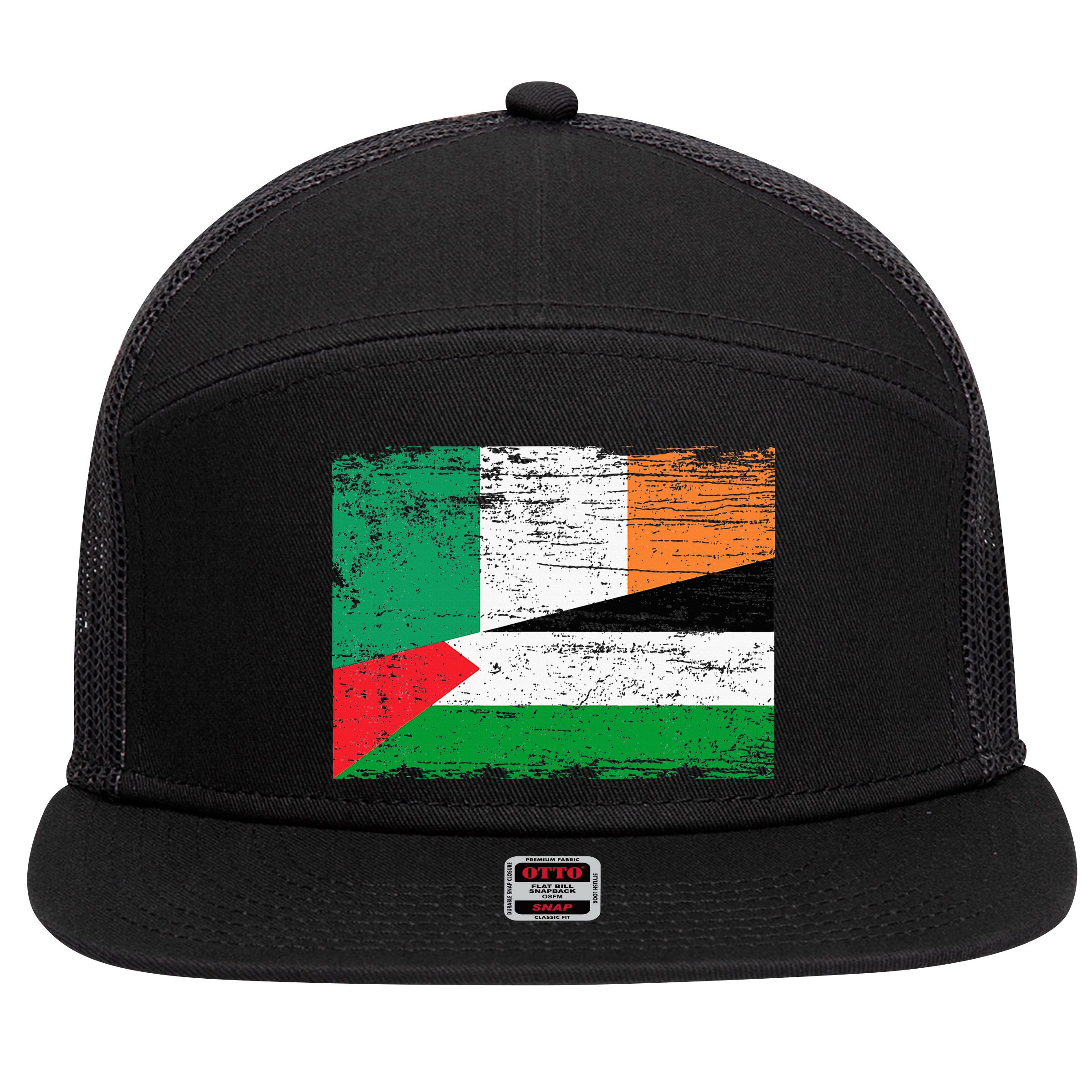 Ireland Palestine Flags Half Irish Half Palestinian 7 Panel Mesh Trucker Snapback Hat