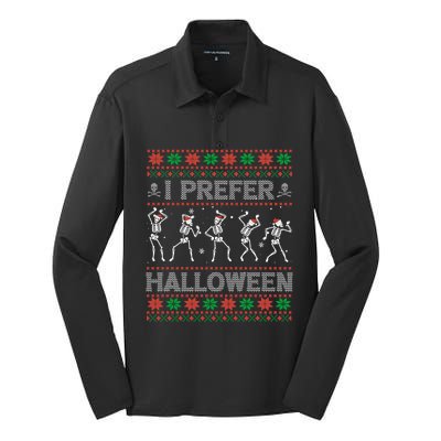 I Prefer Halloween Ugly Christmas Sweater Dancing Skeletons Gift Silk Touch Performance Long Sleeve Polo