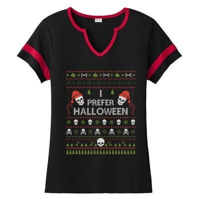 I Prefer Halloween Christmas Sweater Funny Ugly Xmas Holiday Ladies Halftime Notch Neck Tee