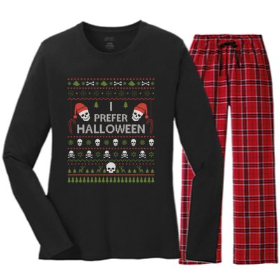 I Prefer Halloween Christmas Sweater Funny Ugly Xmas Holiday Women's Long Sleeve Flannel Pajama Set 