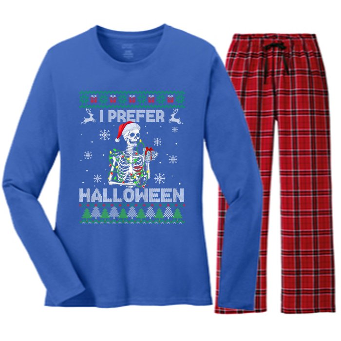 I Prefer Halloween Christmas Funny Skeleton Xmas Gift Women's Long Sleeve Flannel Pajama Set 