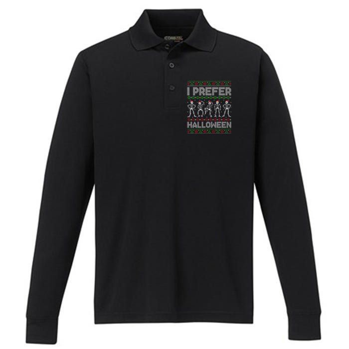 I Prefer Halloween Christmas Funny Ugly Xmas Sweater Holiday Performance Long Sleeve Polo