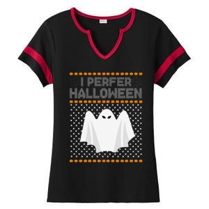 I Prefer Halloween Christmas Funny Funny Ugly Xmas Holiday Funny Ladies Halftime Notch Neck Tee