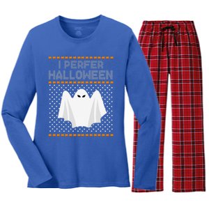 I Prefer Halloween Christmas Funny Funny Ugly Xmas Holiday Funny Women's Long Sleeve Flannel Pajama Set 