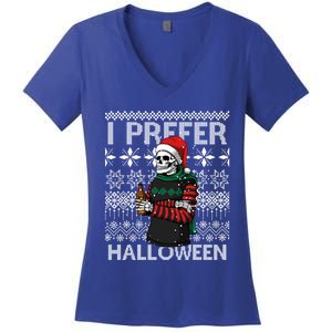 I Prefer Halloween Funny Christmas Skeleton Sweater Ugly Great Gift Women's V-Neck T-Shirt