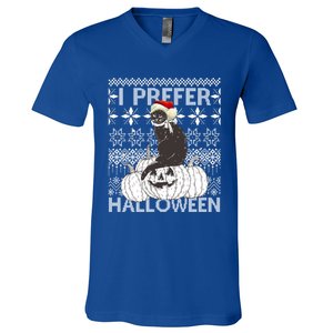 I Prefer Halloween Funny Christmas Black Cat Ugly Gift V-Neck T-Shirt