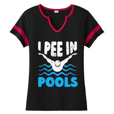 I Pee In Pools Funny Swimmer Swimming Coach Player Graphic Ladies Halftime Notch Neck Tee