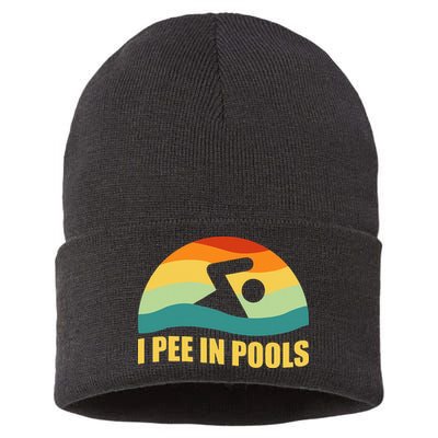 I Pee In Pools Retro Vacation Humor Swimming I Pee In Pools Sustainable Knit Beanie