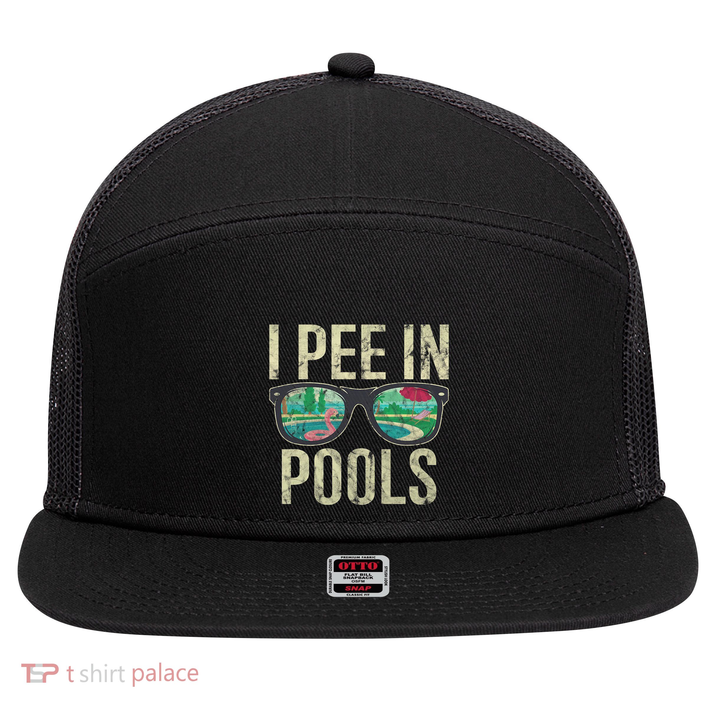 I Pee In Pools Summer Vacation Glasses Funny 7 Panel Mesh Trucker Snapback Hat