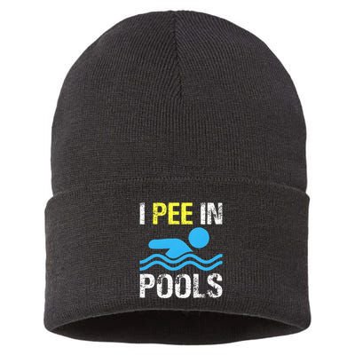 I Pee In Pools Funny Swimming Sayings Summer Sustainable Knit Beanie