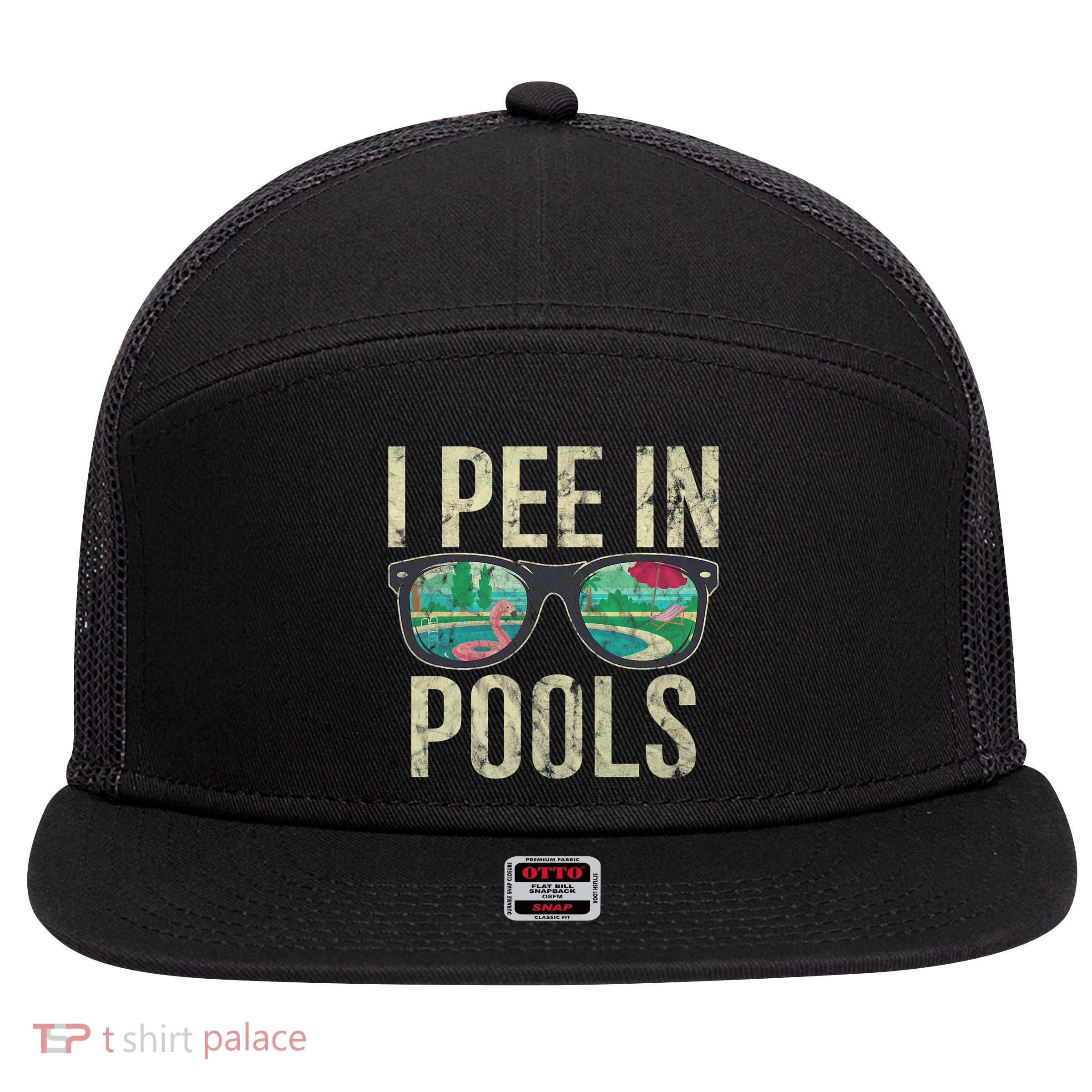 I Pee In Pools Glasses Summer Vacation Funny 7 Panel Mesh Trucker Snapback Hat