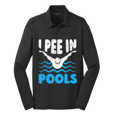 I Pee In Pools Funny Swimmer Swimming Coach Player Graphic Silk Touch Performance Long Sleeve Polo