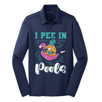 I Pee In Pools Swimming Joke Peeing In Public Pools Silk Touch Performance Long Sleeve Polo