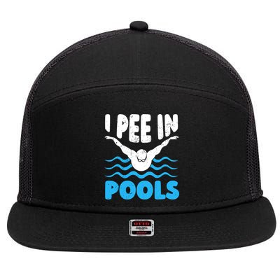 I Pee In Pools Funny Swimmer Swimming Coach Player Graphic 7 Panel Mesh Trucker Snapback Hat