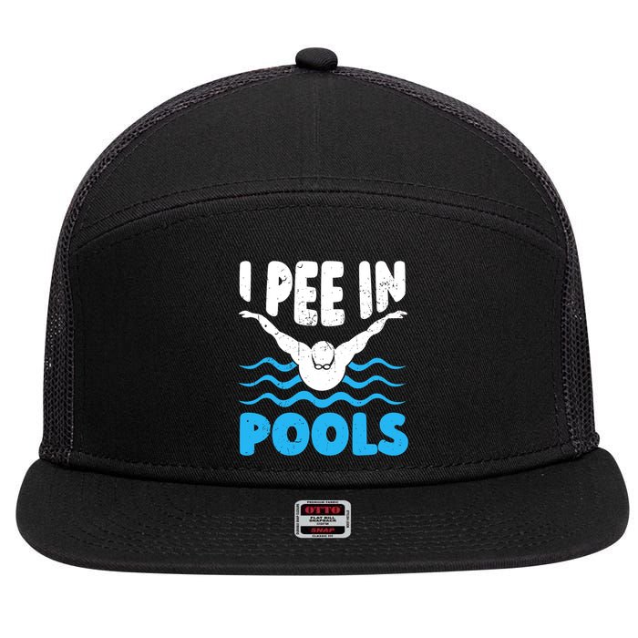 I Pee In Pools Funny Swimmer Swimming Coach Player Graphic 7 Panel Mesh Trucker Snapback Hat