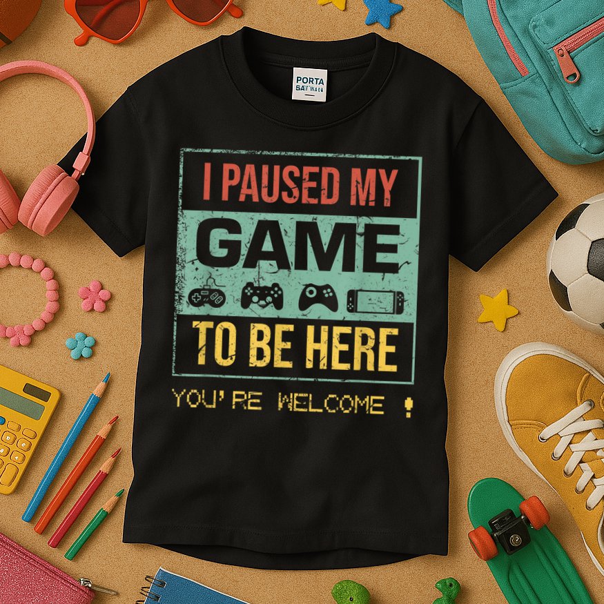 I Paused My Game To Be Here Gamer Gaming Retro Vintage Gift Kids T-Shirt