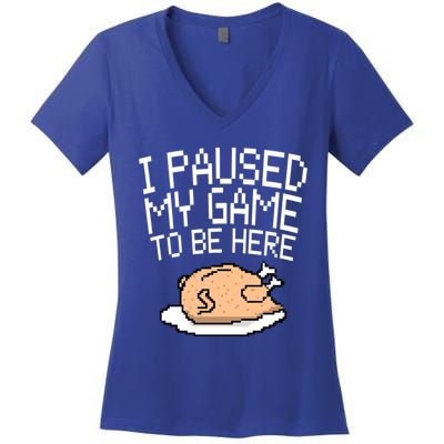I Paused My Game To Be Here Pixel Turkey Women's V-Neck T-Shirt