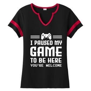 I Paused My Game To Be Here Funny Game Lovers Retro Gift Ladies Halftime Notch Neck Tee