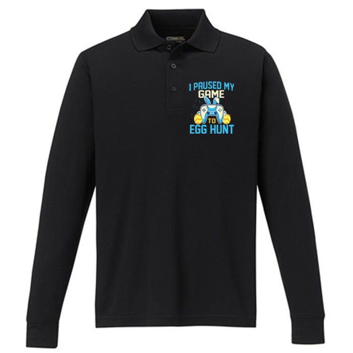 I Paused My Game To Egg Hunt - Easter Sunday Bunny Gamers Performance Long Sleeve Polo