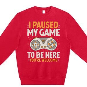 I Paused My Game To Be Here Retro Gaming Humor Funny Gamer Premium Crewneck Sweatshirt