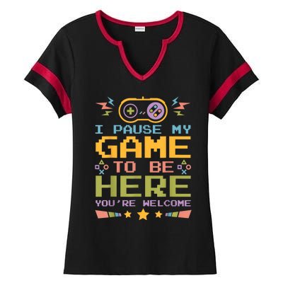 I Paused My Game To Be Here Funny Retro Vintage Video Gamer Ladies Halftime Notch Neck Tee