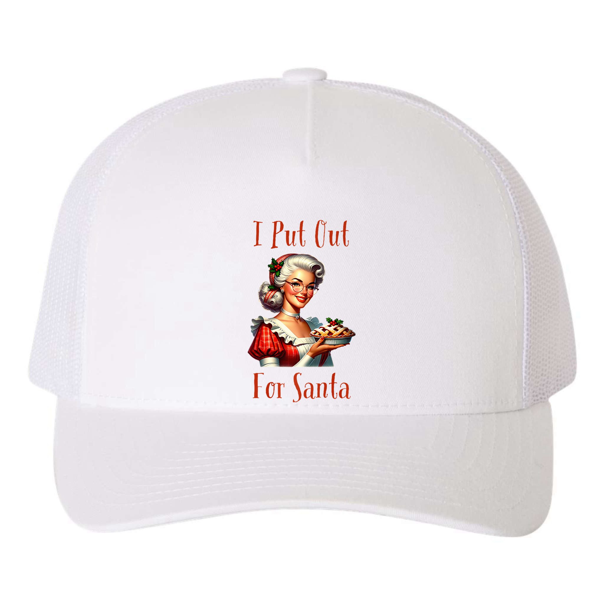 I Put Out For Santa (Mrs Claus with Pie) Funny Yupoong Adult 5-Panel Trucker Hat