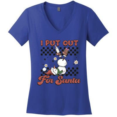 I Put Out For Santa Funny Milk And Cookie Christmas Retro Great Gift Women's V-Neck T-Shirt