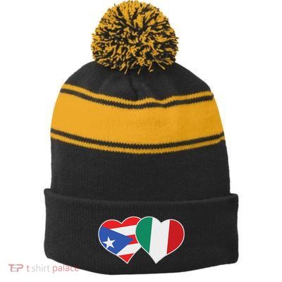 Italian Puerto Rican Flag Love Italy Puerto Rico Heart Stripe Pom Pom Beanie