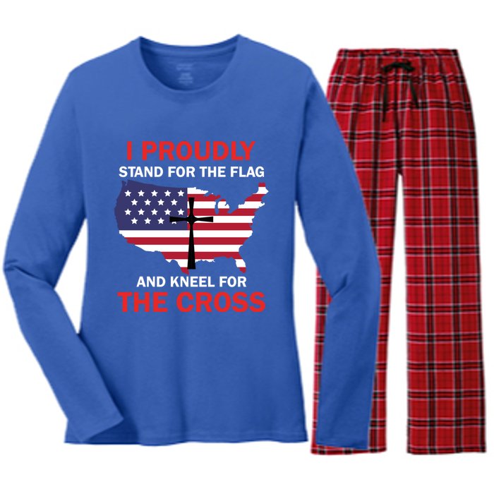 I Proudly Stand For The Flag And Kneel For The Cross Funny Gift Women's Long Sleeve Flannel Pajama Set 