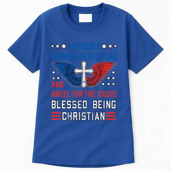 I Proudly Stand For The Flag And Kneel For The Cross Usa Funny Gift Tall T-Shirt