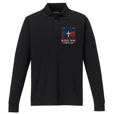 I Proudly Stand For The Flag And Kneel For The Cross Usa Funny Gift Performance Long Sleeve Polo