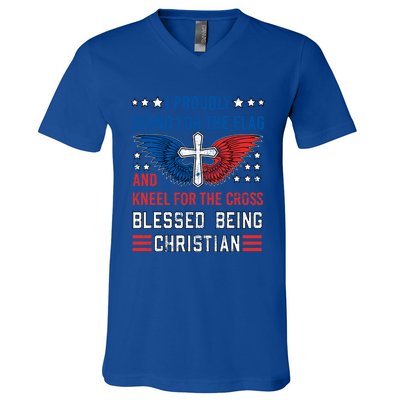 I Proudly Stand For The Flag And Kneel For The Cross Usa Funny Gift V-Neck T-Shirt