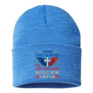 I Proudly Stand For The Flag And Kneel For The Cross Usa Funny Gift Sustainable Knit Beanie