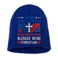 I Proudly Stand For The Flag And Kneel For The Cross Usa Funny Gift Short Acrylic Beanie