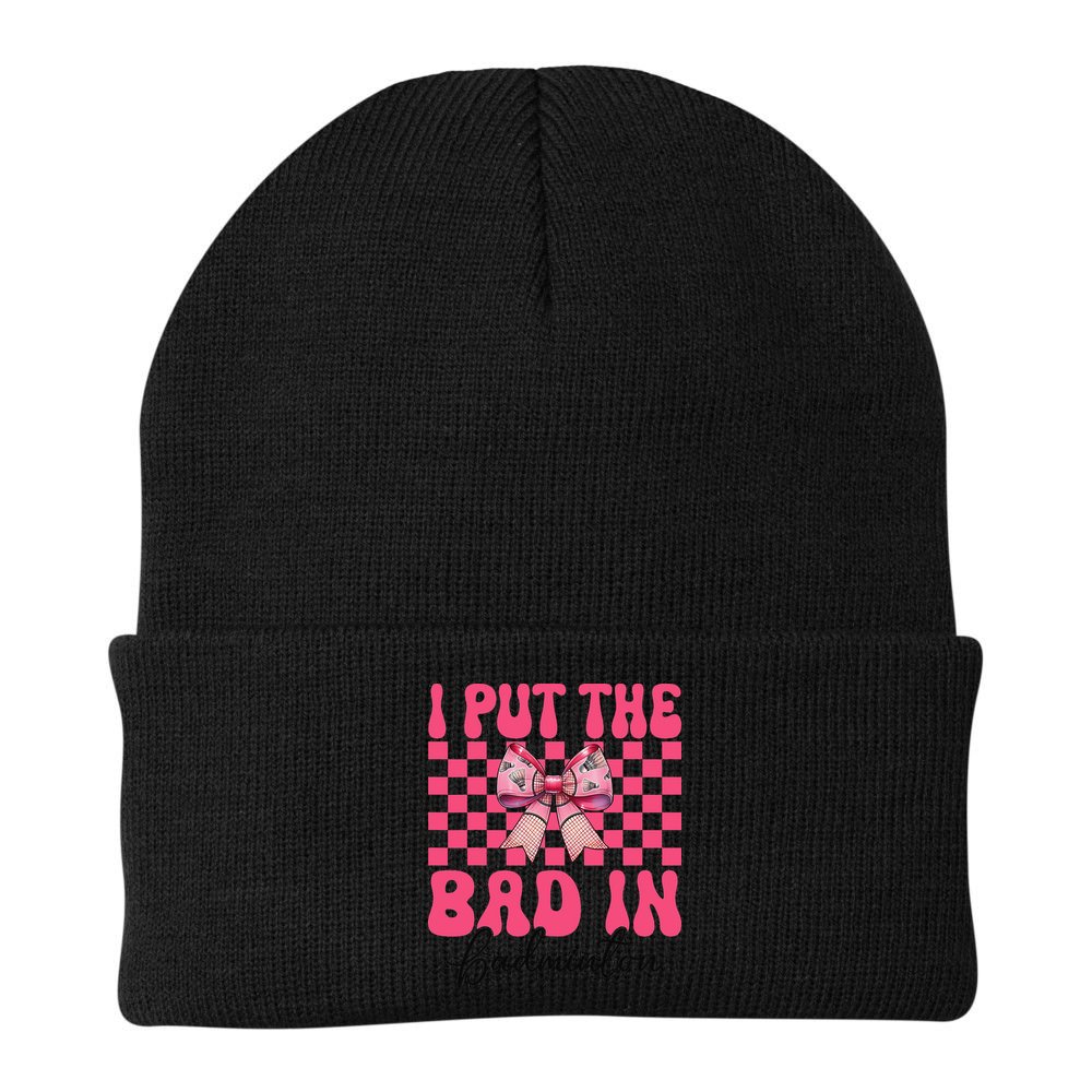 I Put The Bad In Badminton Girl Mom Mothers Day Coquette Beanie