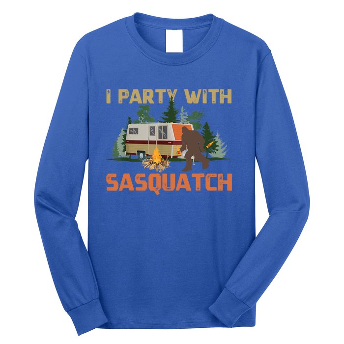 I Party With Sasquatch Bigfoot Camping Funny Gift Vintage Funny Camper Gift Long Sleeve Shirt