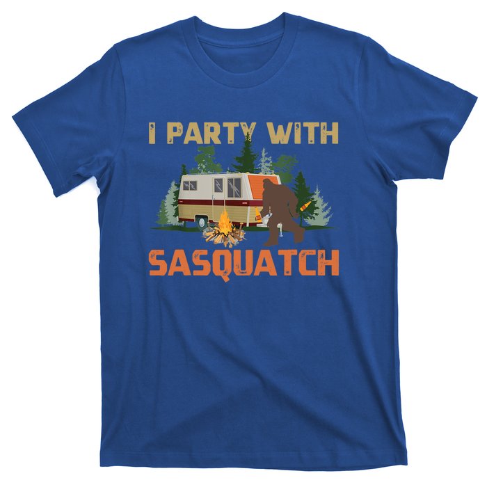 I Party With Sasquatch Bigfoot Camping Funny Gift Vintage Funny Camper Gift T-Shirt