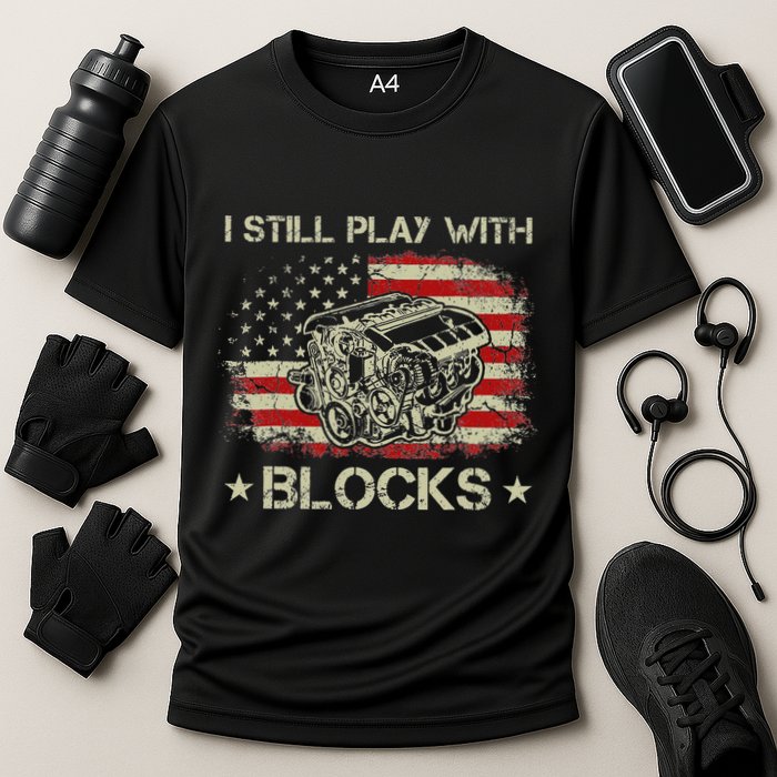 I Play With Blocks Mechanic Engine Block Car Mechanic Cooling Performance Crew T-Shirt